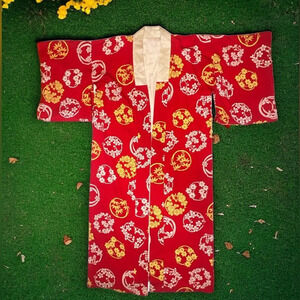 Antique 1940s Japanese Silk Haori Jacket Red Floral Mon Print
